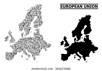 Covid-2019 Mosaico de tratamiento y mapa sólido de la Unión Europea. El mapa vectorial de la Unión Europea se crea a partir de dosis de vacunas y cifras de personas. Plantilla diseñada para alertas de aislamiento.