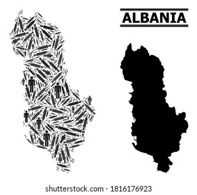 Covid-2019 Mosaico de tratamiento y mapa sólido de Albania. El mapa vectorial de Albania se construye con dosis de vacuna y cifras de hombres. El collage es útil para el cuidado de la salud.