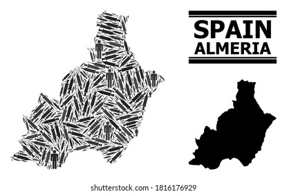 Covid-2019 Treatment mosaic and solid map of Almeria Province. Vector map of Almeria Province is created of inoculation icons and human figures. Template for isolation ads. Final win over Covid-2019.