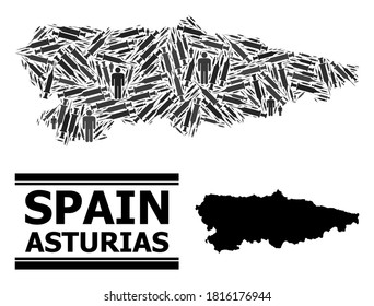 Covid-2019 Treatment mosaic and solid map of Asturias Province. Vector map of Asturias Province is composed with injection needles and men figures. Collage is useful for quarantine posters.
