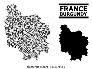 Covid-2019 Treatment mosaic and solid map of Burgundy Province. Vector map of Burgundy Province is made of vaccine doses and people figures. Collage is useful for political posters.