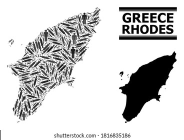 Covid-2019 Treatment mosaic and solid map of Rhodes Island. Vector map of Rhodes Island is constructed from injection needles and human figures. Template designed for health care templates.