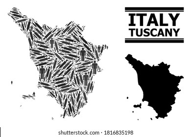 Covid-2019 Treatment mosaic and solid map of Tuscany region. Vector map of Tuscany region is organized of syringes and people figures. Collage designed for lockdown posters.