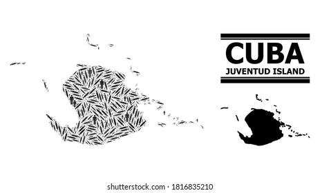 Covid-2019 Treatment mosaic and solid map of Juventud Island. Vector map of Juventud Island is designed of vaccine symbols and people figures. Collage designed for lockdown posters.
