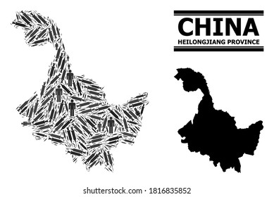 Covid-2019 Treatment mosaic and solid map of Heilongjiang Province. Vector map of Heilongjiang Province is done of vaccine symbols and men figures. Illustration is useful for safety aims.
