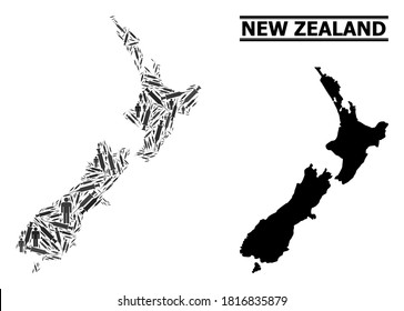 Covid-2019 Treatment mosaic and solid map of New Zealand. Vector map of New Zealand is constructed from injection needles and men figures. Template is useful for medical aims.