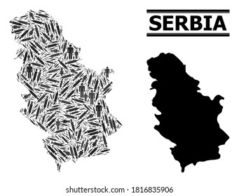 Covid-2019 Treatment mosaic and solid map of Serbia. Vector map of Serbia is formed from inoculation icons and people figures. Collage for political alerts. Final win over Covid-2019.