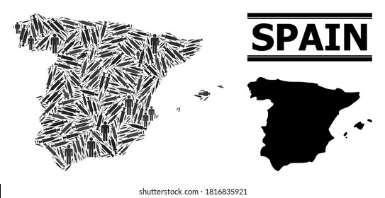 Covid-2019 Treatment mosaic and solid map of Spain. Vector map of Spain is created with inoculation icons and men figures. Illustration is useful for medicine purposes. Final win over Covid-2019.