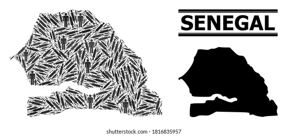 Covid-2019 Treatment mosaic and solid map of Senegal. Vector map of Senegal is done with vaccine doses and people figures. Illustration designed for health care posters. Final win over Covid-2019.