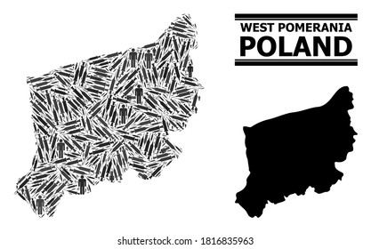 Covid-2019 Treatment mosaic and solid map of West Pomerania Province. Vector map of West Pomerania Province is formed of injection needles and people figures. Illustration is useful for treatment ads.