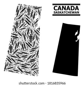 Covid-2019 Treatment mosaic and solid map of Saskatchewan Province. Vector map of Saskatchewan Province is formed of vaccine symbols and people figures.