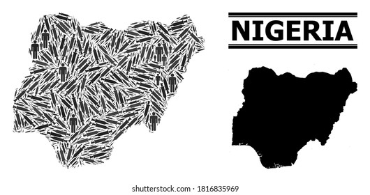 Mosaico de tratamientos Covid-2019 y mapa sólido de Nigeria. El mapa vectorial de Nigeria está formado por agujas de inyección y figuras de personas. Ilustración diseñada para plantillas pandémicas.