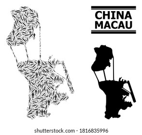 Covid-2019 Treatment mosaic and solid map of Macau. Vector map of Macau is designed from vaccine doses and people figures. Collage is useful for medicine posters. Final solution over Covid-2019.