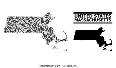 Covid-2019 Treatment mosaic and solid map of Massachusetts State. Vector map of Massachusetts State is shaped with vaccine doses and men figures. Collage is useful for treatment posters.