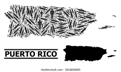 Covid-2019 Treatment mosaic and solid map of Puerto Rico. Vector map of Puerto Rico is designed of vaccine doses and men figures. Abstraction is useful for medical ads. Final win over Covid-2019.
