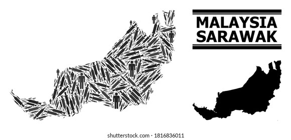 Covid-2019 Treatment mosaic and solid map of Sarawak. Vector map of Sarawak is formed with injection needles and human figures. Collage designed for treatment ads. Final win over Covid-2019.