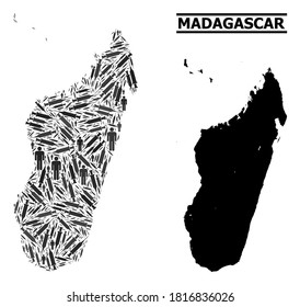 Covid-2019 Treatment mosaic and solid map of Madagascar Island. Vector map of Madagascar Island is designed of inoculation icons and people figures. Collage is useful for epidemic ads.