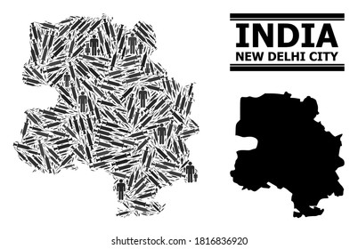 Covid-2019 Treatment mosaic and solid map of New Delhi City. Vector map of New Delhi City is created with vaccine doses and human figures. Abstraction is useful for epidemic purposes.