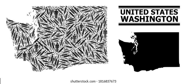 Covid-2019 Treatment mosaic and solid map of Washington State. Vector map of Washington State is organized of vaccine symbols and men figures. Abstraction is useful for quarantine purposes.