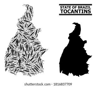 Covid-2019 Treatment mosaic and solid map of Tocantins State. Vector map of Tocantins State is made of injection needles and men figures. Illustration designed for quarantine templates.