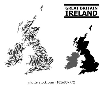 Covid-2019 Treatment mosaic and solid map of Great Britain and Ireland. Vector map of Great Britain and Ireland is created with vaccine symbols and people figures. Abstraction for treatment alerts.