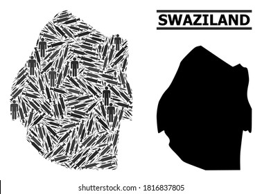 Covid-2019 Treatment mosaic und solid map of Swasiland. Die Vektorkarte Swasilands besteht aus Spritzen und menschlichen Figuren. Vorlage ist nützlich für Seuchenwarnungen. Endgültiger Sieg bei Virusausbruch.