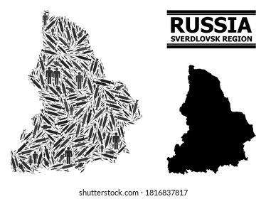 Covid-2019 Treatment mosaic and solid map of Sverdlovsk Region. Vector map of Sverdlovsk Region is constructed of injection needles and men figures. Collage is useful for treatment templates.