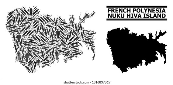 Covid-2019 Treatment mosaic and solid map of Nuku Hiva Island. Vector map of Nuku Hiva Island is made from syringes and men figures. Template for political templates. Final win over Covid-2019.