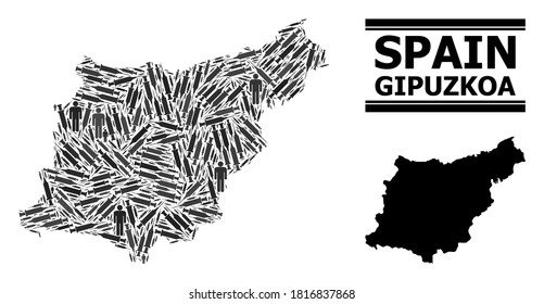 Covid-2019 Treatment mosaic and solid map of Gipuzkoa Province. Vector map of Gipuzkoa Province is done of inoculation icons and men figures. Abstraction designed for medical alerts.