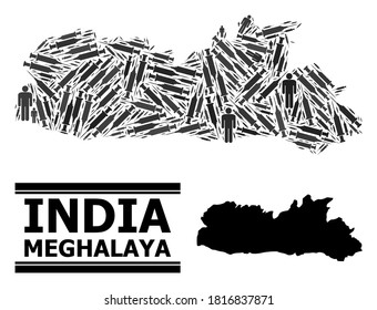 Covid-2019 Treatment mosaic and solid map of Meghalaya State. Vector map of Meghalaya State is made from vaccine symbols and human figures. Illustration is useful for medical templates.