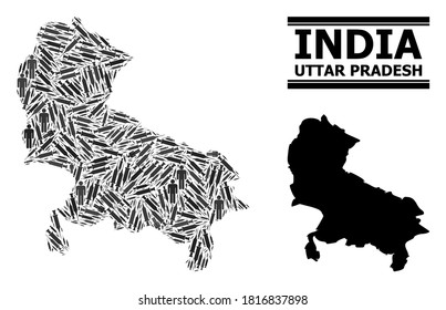 Covid-2019 Mosaico de tratamiento y mapa sólido del estado de Uttar Pradesh. El mapa vectorial del estado de Uttar Pradesh está hecho de íconos de inoculación y figuras humanas. La ilustración es útil para carteles médicos.