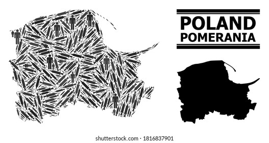 Covid-2019 Treatment mosaic and solid map of Pomerania Province. Vector map of Pomerania Province is organized of inoculation icons and men figures. Collage is useful for outbreak aims.