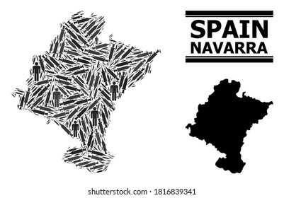 Covid-2019 Treatment mosaic and solid map of Navarra Province. Vector map of Navarra Province is shaped with injection needles and people figures. Collage is useful for pandemic purposes.