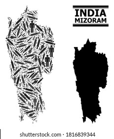 Covid-2019 Treatment mosaic and solid map of Mizoram State. Vector map of Mizoram State is formed from injection needles and people figures. Collage is useful for treatment purposes.