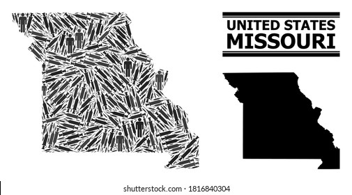 Covid-2019 Treatment mosaic and solid map of Missouri State. Vector map of Missouri State is designed with inoculation icons and men figures. Abstraction is useful for outbreak aims.