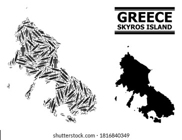 Covid-2019 Treatment mosaic and solid map of Skyros Island. Vector map of Skyros Island is created from syringes and human figures. Template designed for epidemic aims. Final win over Covid-2019.