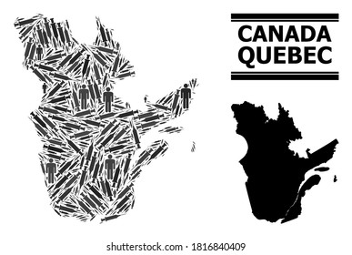 Covid-2019 Treatment mosaic and solid map of Quebec Province. Vector map of Quebec Province is organized with vaccine symbols and human figures. Abstraction for isolation templates.
