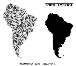Covid-2019 Treatment mosaic and solid map of South America. Vector map of South America is composed from injection needles and human figures. Abstraction for political alerts.