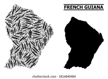 Covid-2019 Treatment mosaic and solid map of French Guiana. Vector map of French Guiana is shaped from vaccine doses and men figures. Illustration is useful for medical aims.