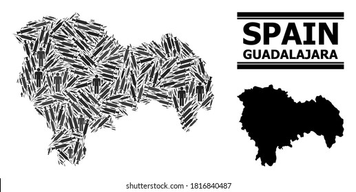 Mosaico de tratamiento Covid-2019 y mapa sólido de la provincia de Guadalajara. El mapa vectorial de la provincia de Guadalajara está formado por íconos de inoculación y figuras populares. La ilustración es útil para las alertas de cuarentena.