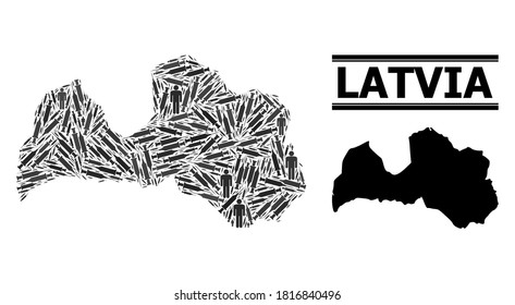 Covid-2019 Treatment mosaic and solid map of Latvia. Vector map of Latvia is made of syringes and people figures. Abstraction for health care alerts. Final win over Covid-2019.