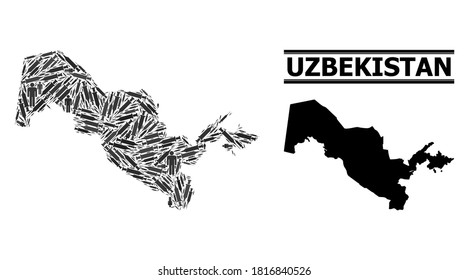 Covid-2019 Tratamiento mosaico y mapa sólido de Uzbekistán. El mapa vectorial de Uzbekistán está hecho de íconos de inoculación y figuras masculinas. La abstracción es útil para fines médicos. Solución final sobre Covid-2019.
