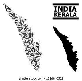 Covid-2019 Treatment mosaic and solid map of Kerala State. Vector map of Kerala State is created from inoculation icons and men figures. Abstraction designed for lockdown aims.