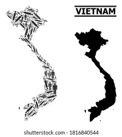 Covid-2019 Treatment mosaic and solid map of Vietnam. Vector map of Vietnam is made with syringes and men figures. Template for medical purposes. Final solution over Covid-2019.
