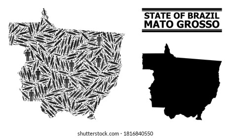 Covid-2019 Treatment mosaic and solid map of Mato Grosso State. Vector map of Mato Grosso State is formed of injection needles and people figures. Template for political templates.