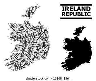 Covid-2019 Mosaico de tratamiento y mapa sólido de la República de Irlanda. El mapa vectorial de la República de Irlanda se forma con dosis de vacunas y cifras de personas. Abstracción de alertas pandémicas.