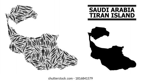 Covid-2019 Treatment mosaic and solid map of Tiran Island. Vector map of Tiran Island is constructed with inoculation icons and men figures. Template for safety alerts. Final win over Covid-2019.