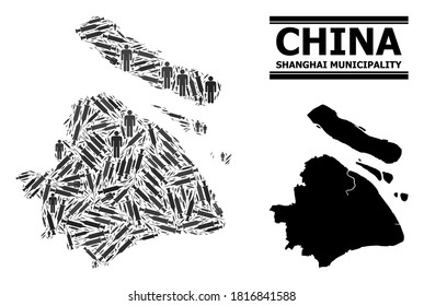 Covid-2019 Treatment mosaic and solid map of Shanghai Municipality. Vector map of Shanghai Municipality is constructed with vaccine doses and human figures. Abstraction designed for isolation alerts.