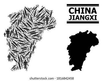 Covid-2019 Treatment mosaic and solid Map of Jiangxi Province. Vector Map of Jiangxi Province is shaped of inoculation icons and men figures. Abstraction designed for treatment templates.