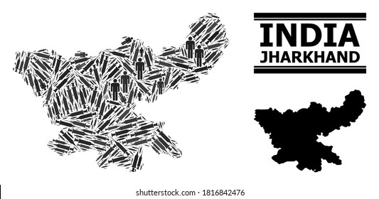 Covid-2019 Treatment mosaic und solide Karte des Staates Jharkhand. Die Vektorkarte des Bundesstaates Jharkhand ist mit Impfstoffsymbolen und menschlichen Figuren konstruiert. Abstraktion ist für medizinische Alarmmeldungen nützlich.